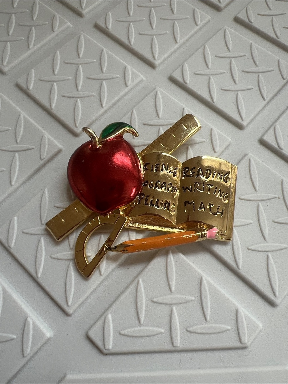 Gold & Red Teacher Apple Brooch with Pencil and Book